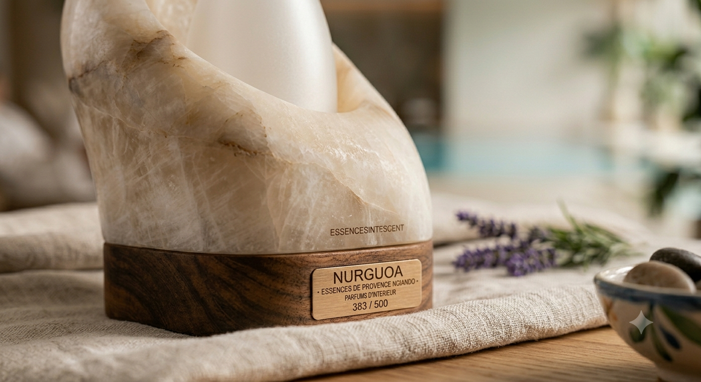 Nurgoa Lune — diffuseur sculptural en albâtre, vue de face, lumière allumée